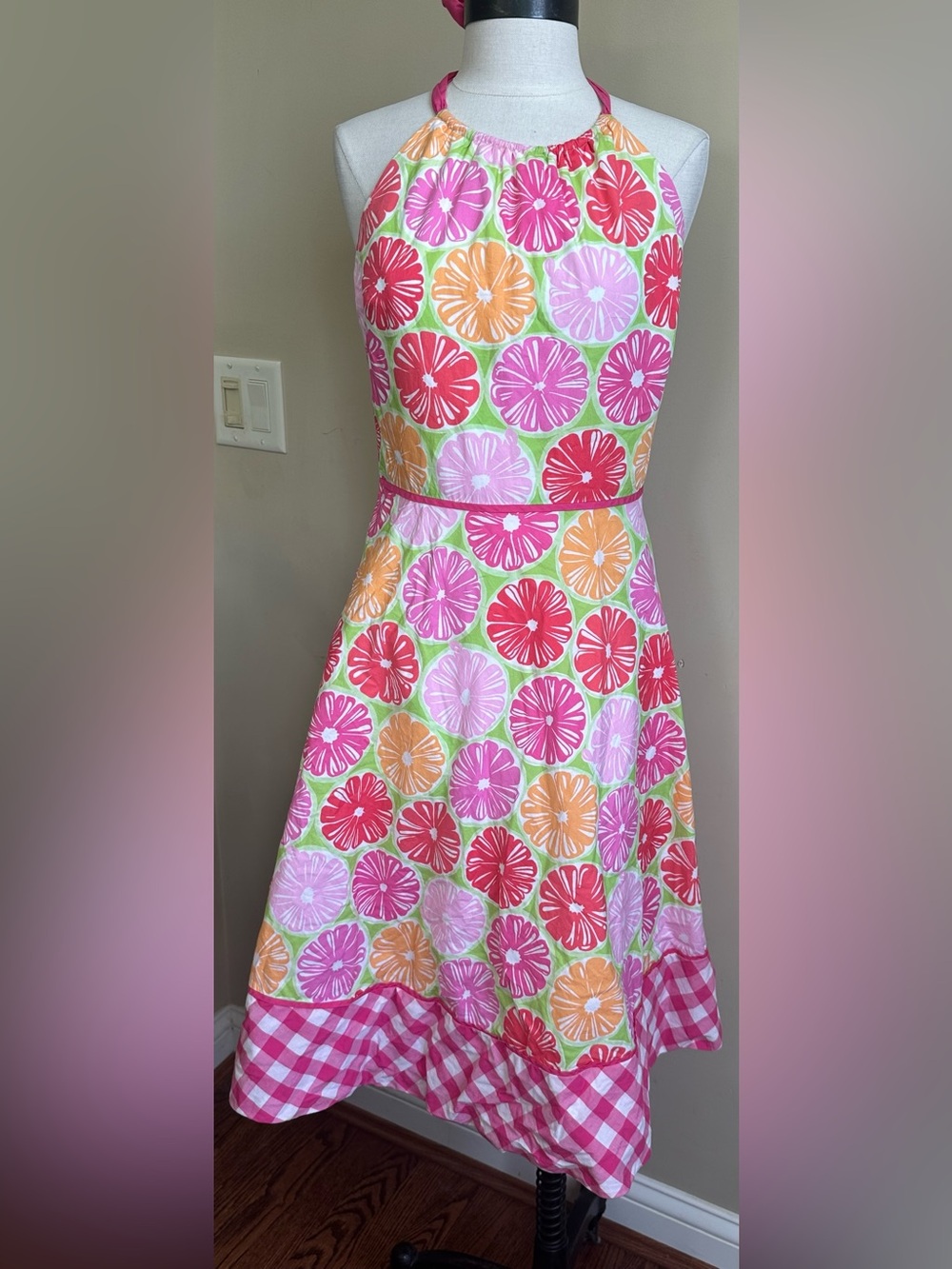 Lilly Pulitzer White Label Citrus Slice Pattern Gingham Halter Dress, Size 8